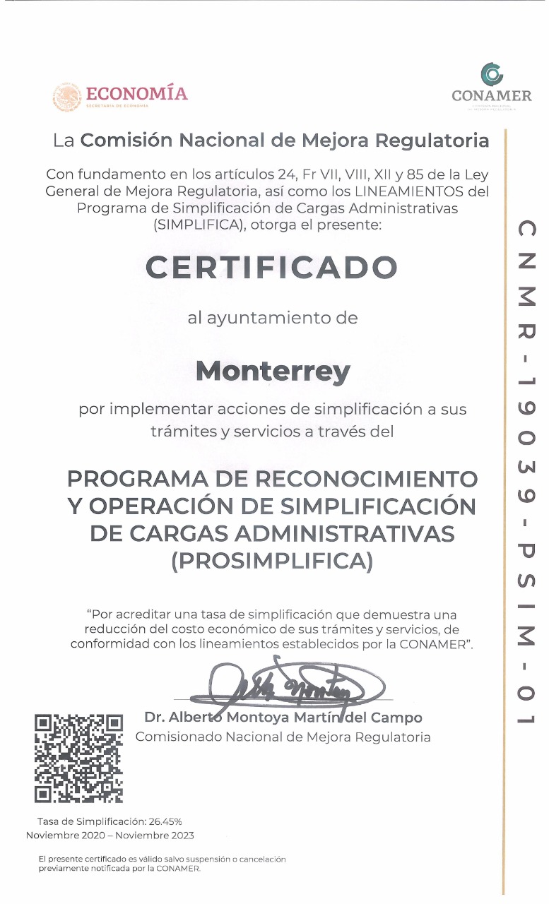 Obtiene Monterrey certificado SIMPLIFICA por reducir trámites y servicios