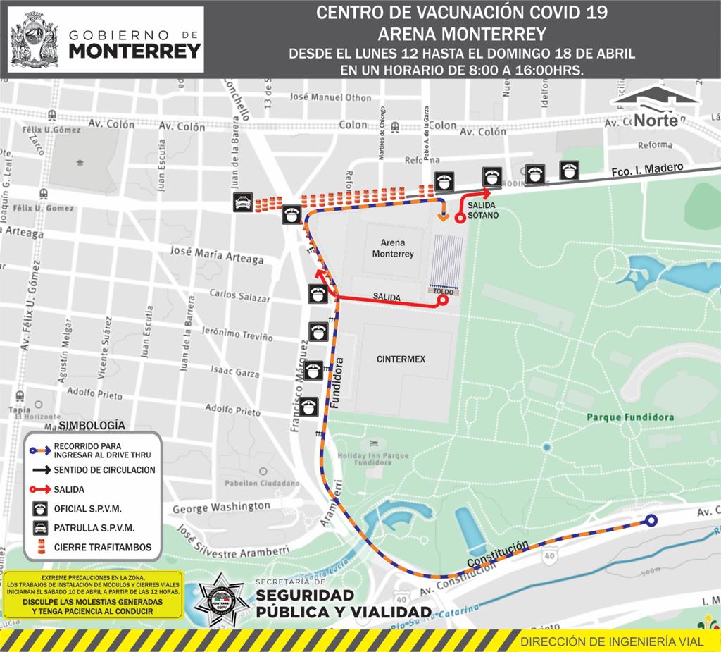 Habilitan carriles aledaños a la Arena de Monterrey para el Drive Thru de vacunación