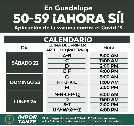 Vacunaran contra Covid19 a personas de 50 a 59 años en Guadalupe del 22 al 24 de mayo