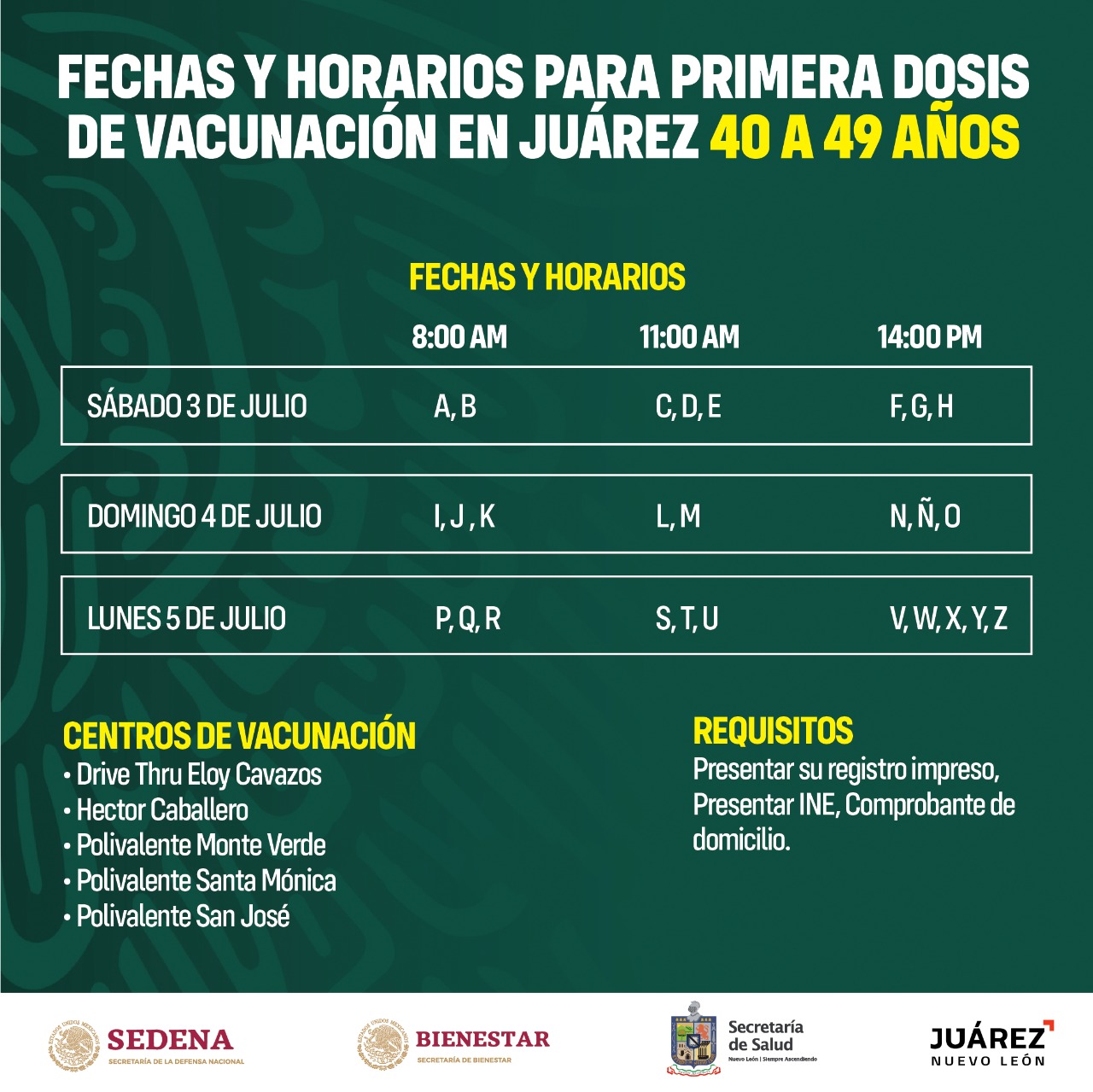 Anuncia Juárez nueva fecha para vacunación contra el COVID-19 de 40 a 49 años