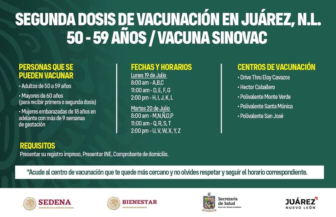 Anuncia Juárez fecha para la aplicación de la segunda dosis contra el  COVID-19 de 50 a 59 años - Grupo Metrópoli