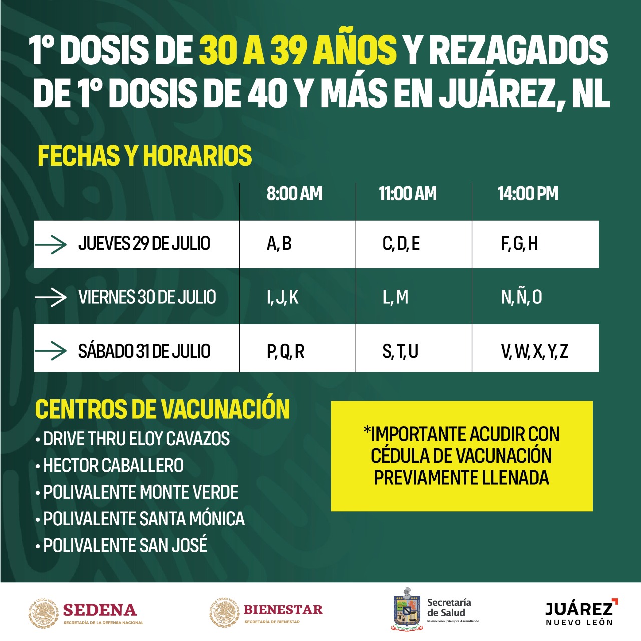 Se reporta listo Juárez para la aplicación de la primera dosis contra el COVID-19 de 30 a 39 años