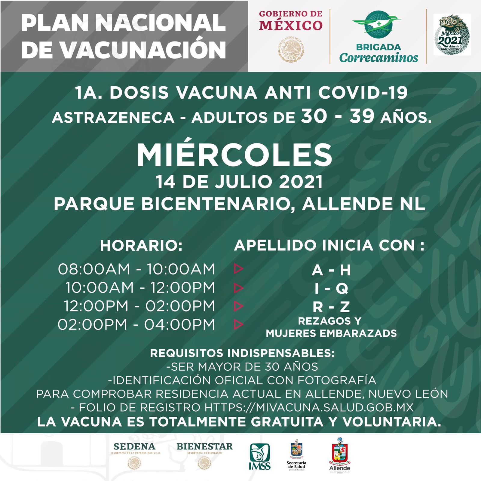 Mañana arranca vacunación para adultos 30-39 en Parque Bicentenario en Allende