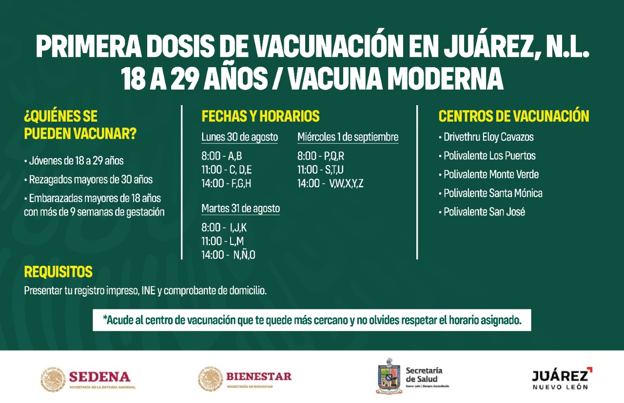 Aplicarán en Juárez vacuna contra COVID-19 a personas de 18 a 29 años del 30 de agosto al 1 de septiembre