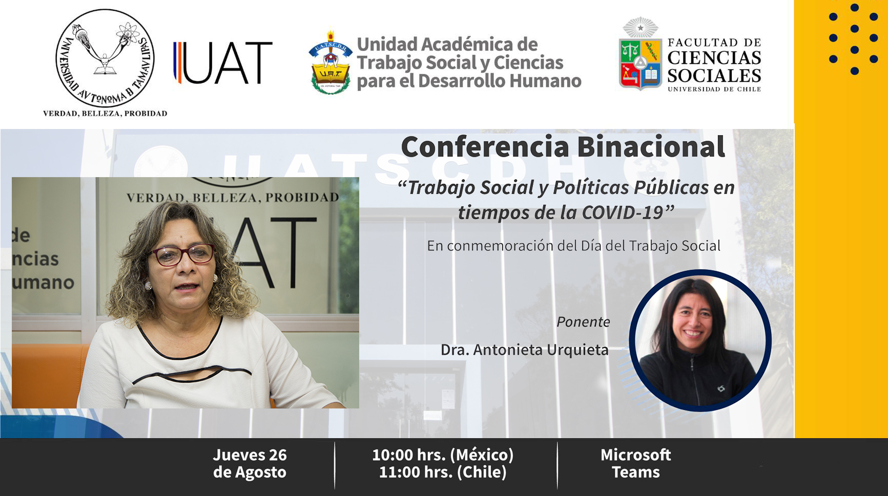 Realizará UAT la conferencia “Trabajo social y políticas públicas en tiempos de la COVID-19”