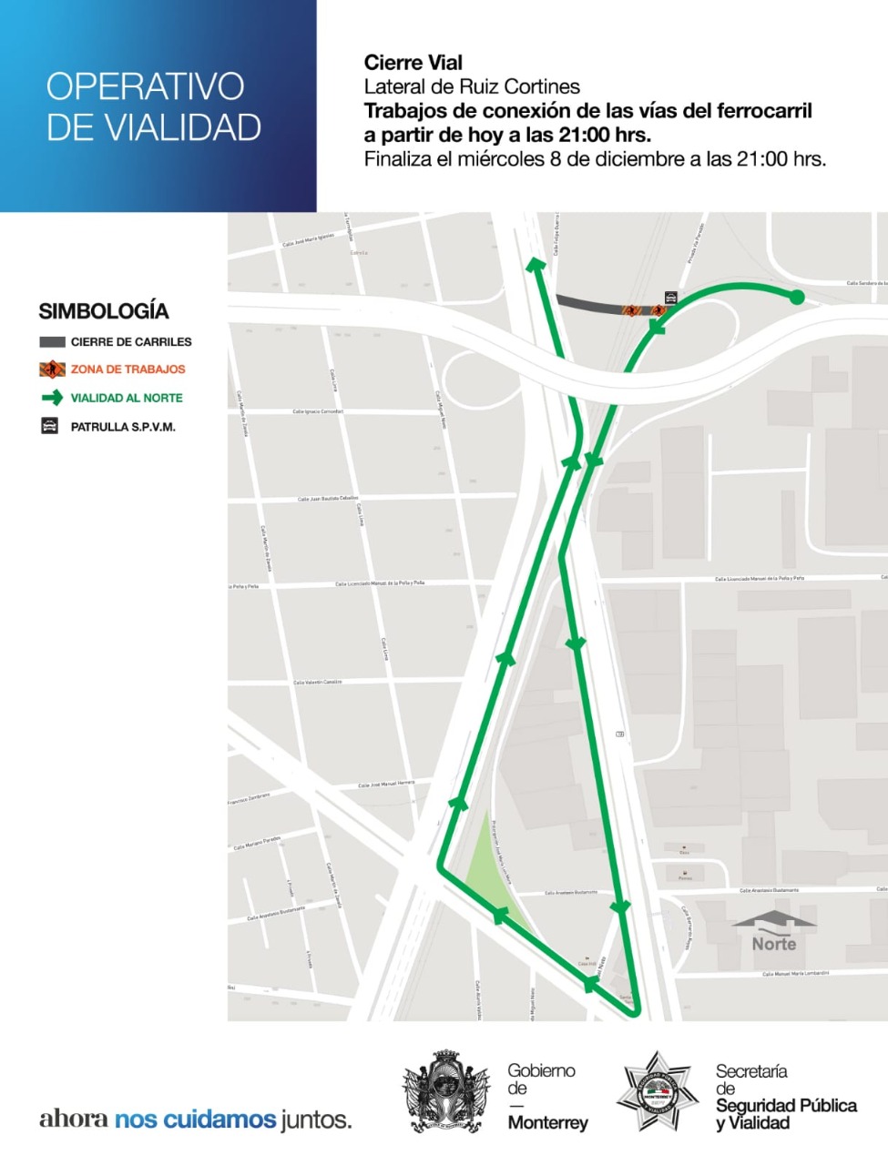 Anuncian cierre vial en Ruiz Cortines; realizarán trabajos en conexión de vías férreas de Monterrey