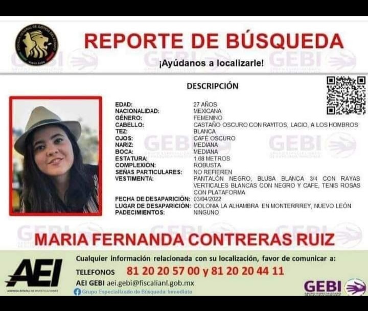 Se emite reporte de búsqueda para localizar a María Fernanda Contreras