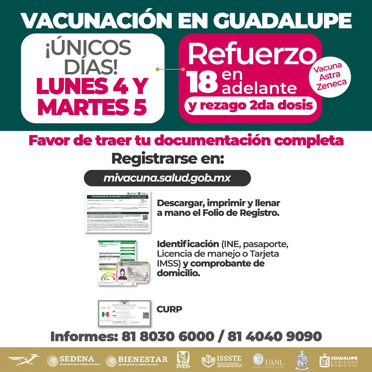 Invitan a aplicarse refuerzo anticovid para mayores de 18 años en Guadalupe