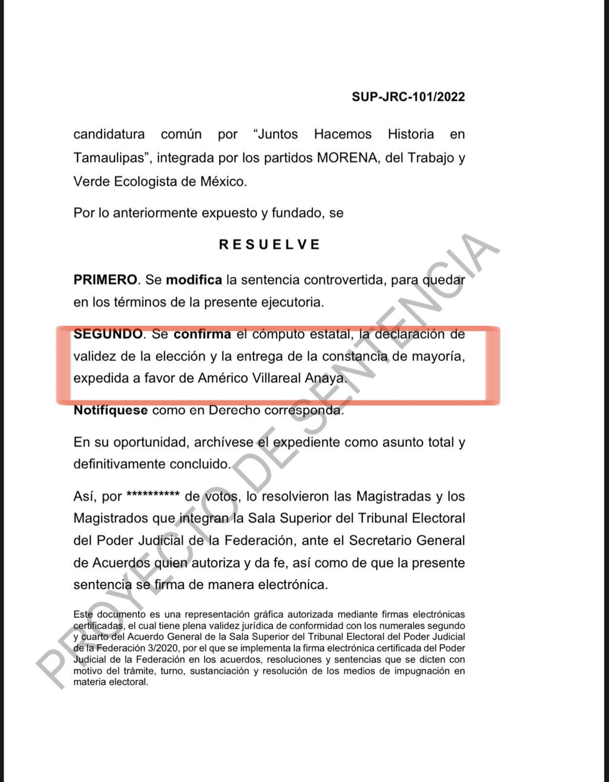 Magistrado del Tribunal Federal valida triunfo de Américo Villarreal; el miércoles se votará en el pleno