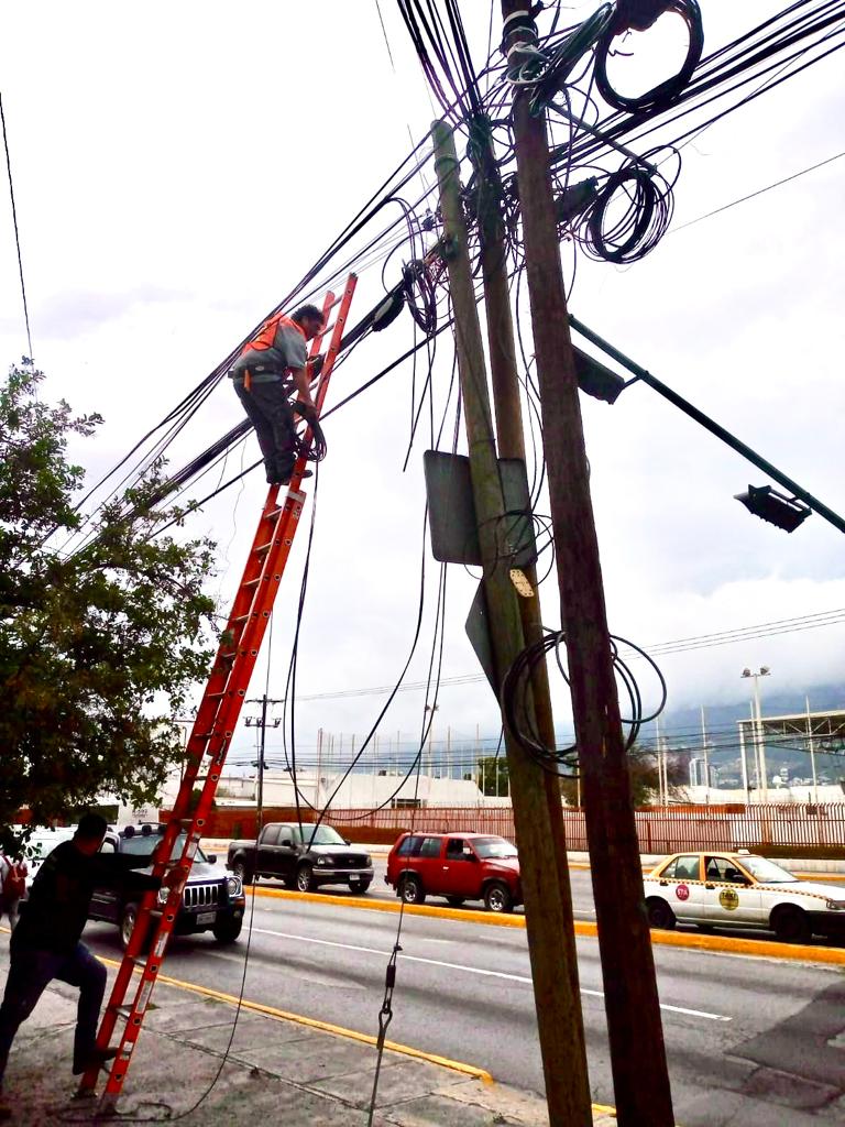 Retiran telarañas de cableado en Santa Catarina