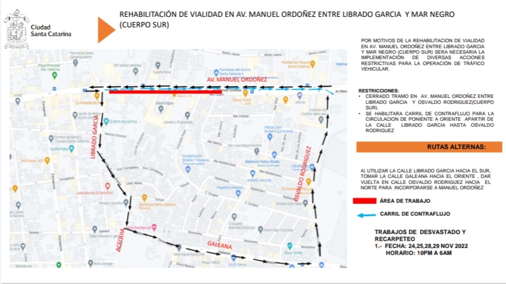 Aplica Santa Catarina restricciones viales por rehabilitación a avenida Manuel Ordóñez