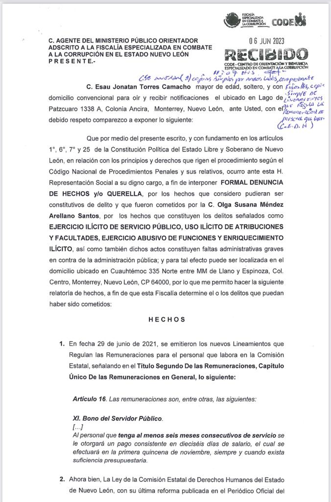 Denuncian a titular de CEDH ante Fiscalía anticorrupción por autorecetarse bonos ilegales