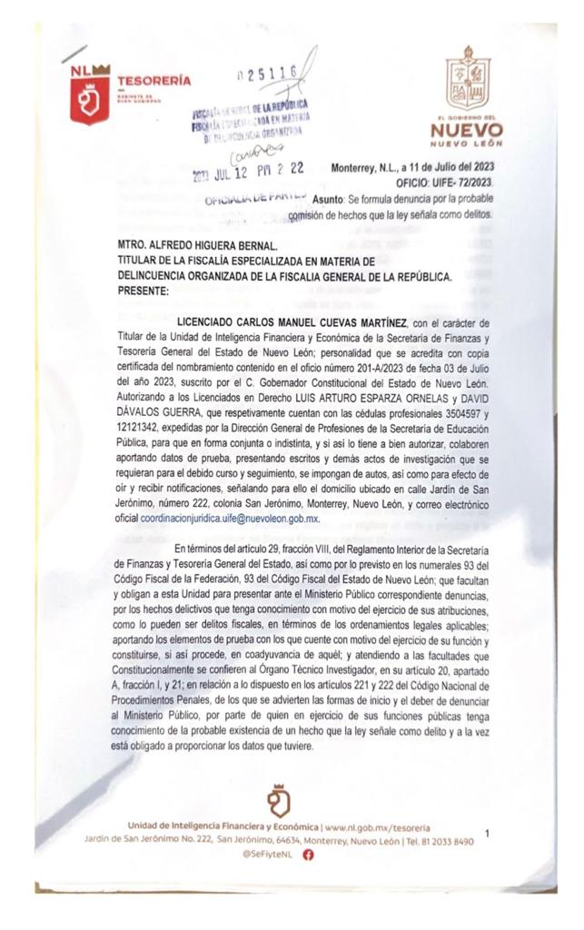 Denuncia UIFE ante FGR a esposo de Diputada Perla Villarreal