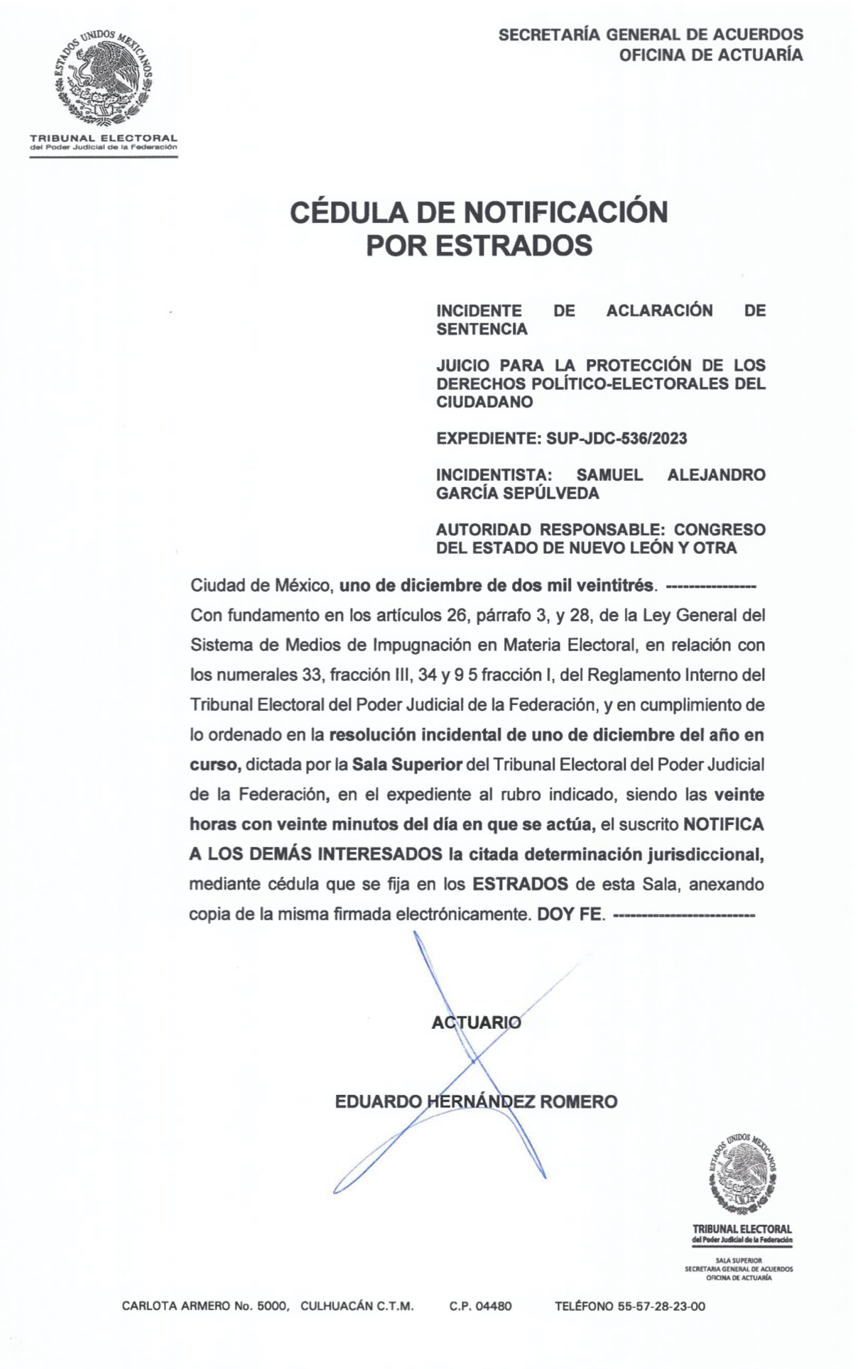 Desecha Tribunal Federal sentencia presentada por Samuel García por presentarla fuera del plazo legal de 3 días