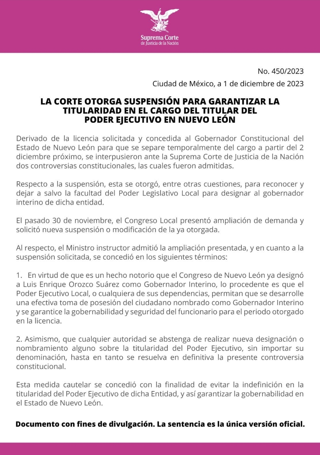 La Suprema Corte otorga suspensión para garantizar la titularidad en el cargo del titular del Poder Ejecutivo en Nuevo León
