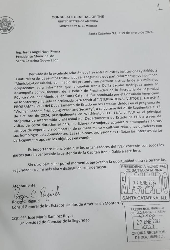 Nomina Consulado de EUA a Capitán de Santa Catarina para programa internacional en seguridad