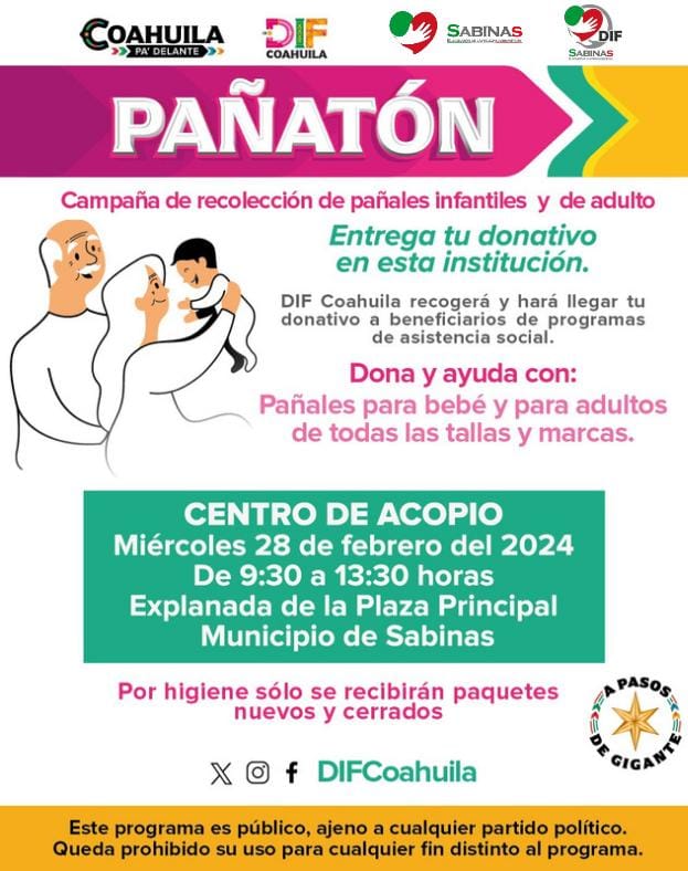 La Administración Municipal de Sabinas se une a la campaña “Pañatón” del DIF Coahuila