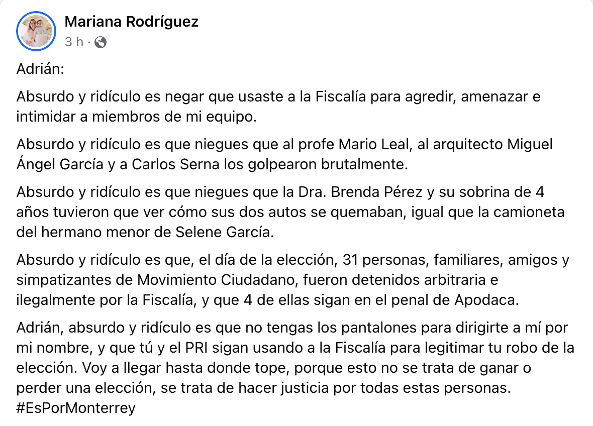 Reclama Mariana Rodríguez que Adrián de la Garza niegue acciones