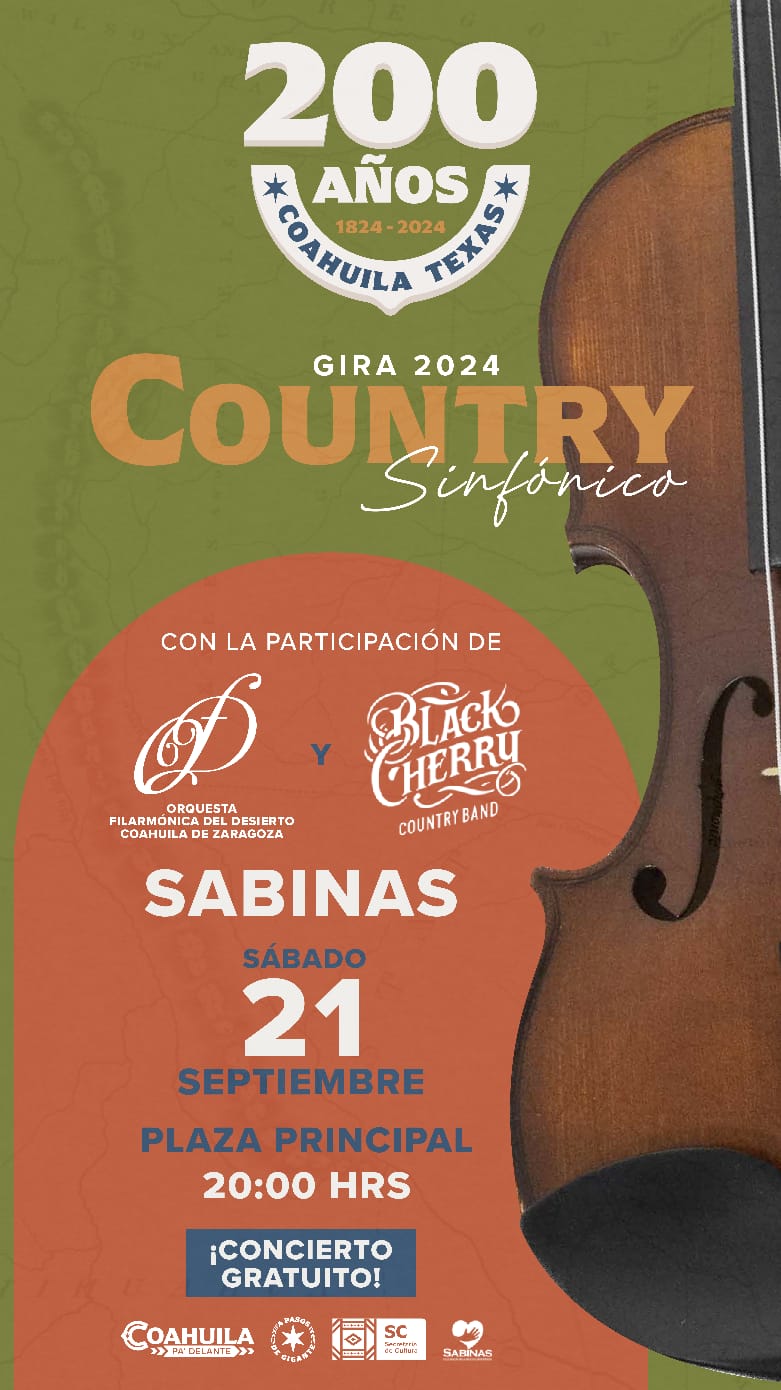 Gira Country Sinfónica 2024 llega a Sabinas como parte del Bicentenario Coahuila y Texas