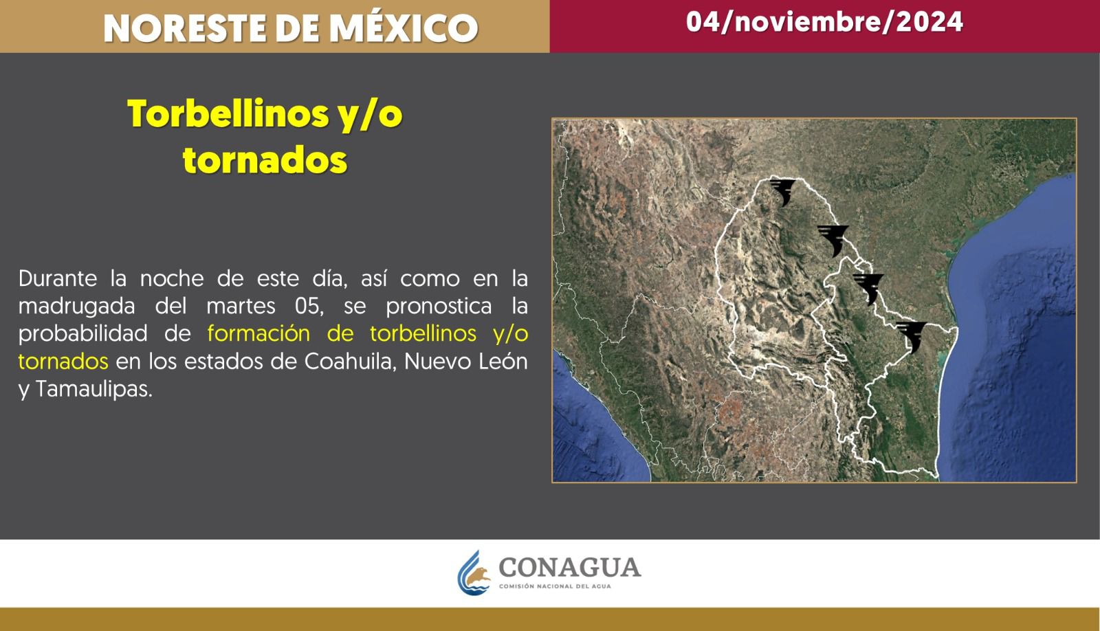 Anuncian posible formación de torbellinos y tornados en las regiones norte y carbonífera de Coahuila