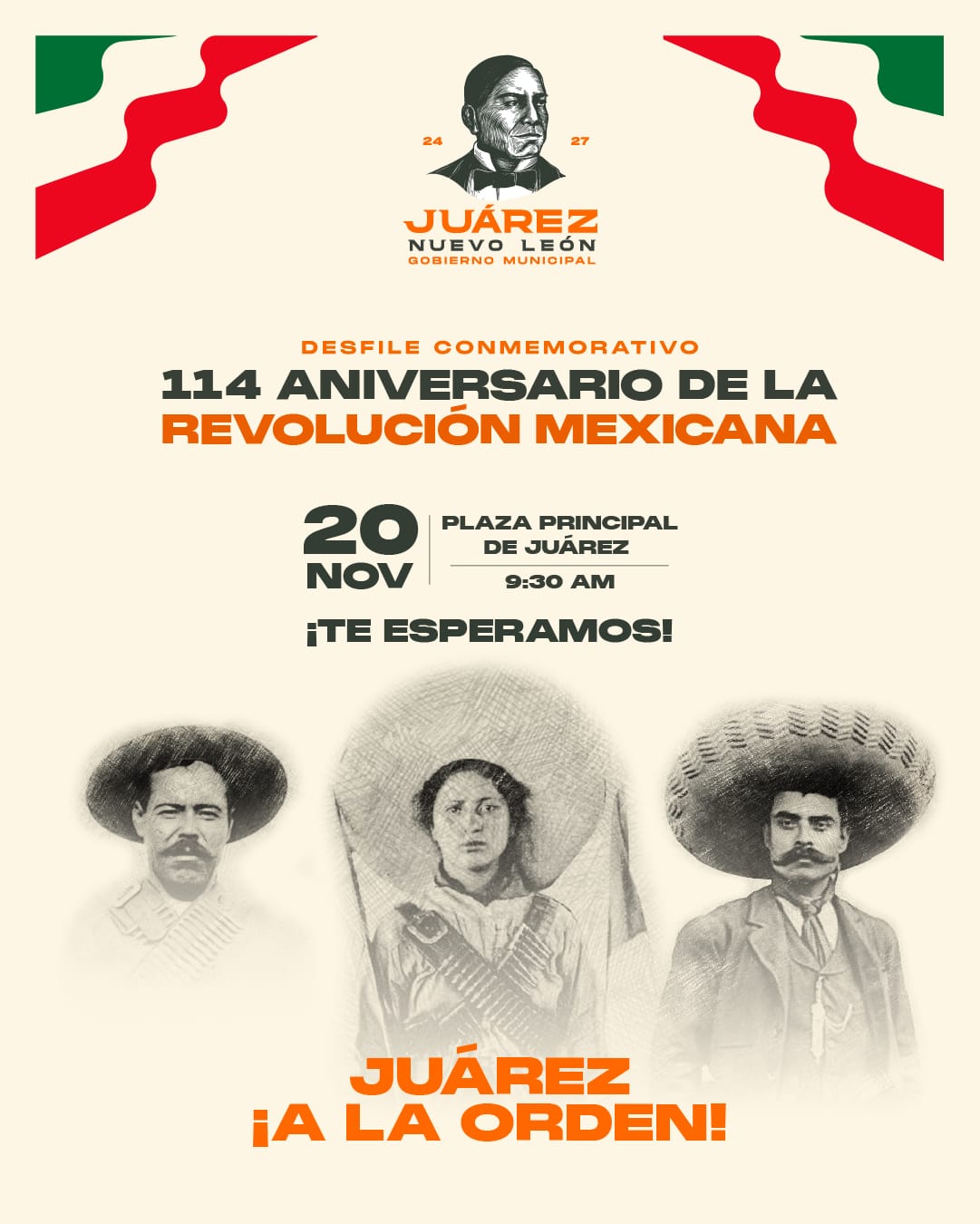 Invita Juárez a conmemorar el 114 Aniversario de la Revolución en Desfile del 20 de Noviembre