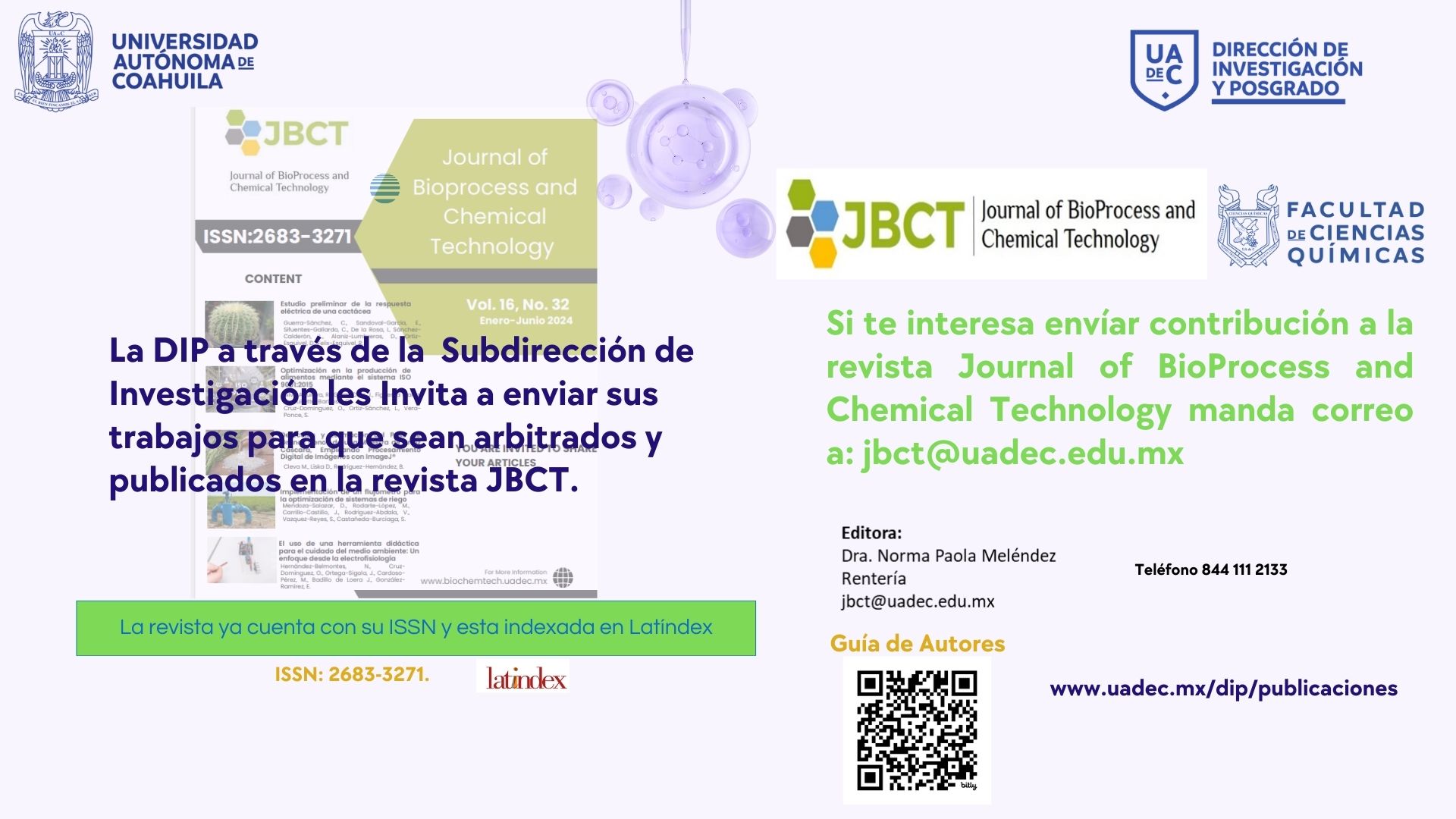  Invita UAdeC a Colaborar en su Revista Científica “Journal of BioProcess and Chemical Technology”