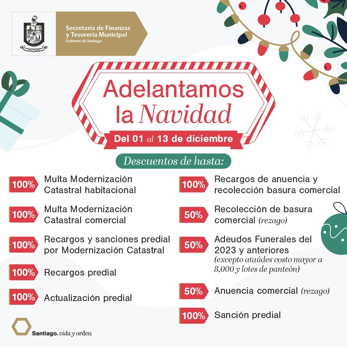 Se adelanta en Santiago la Navidad, con descuentos de hasta 100% en multas y recargos por adeudos de predial y otros servicios