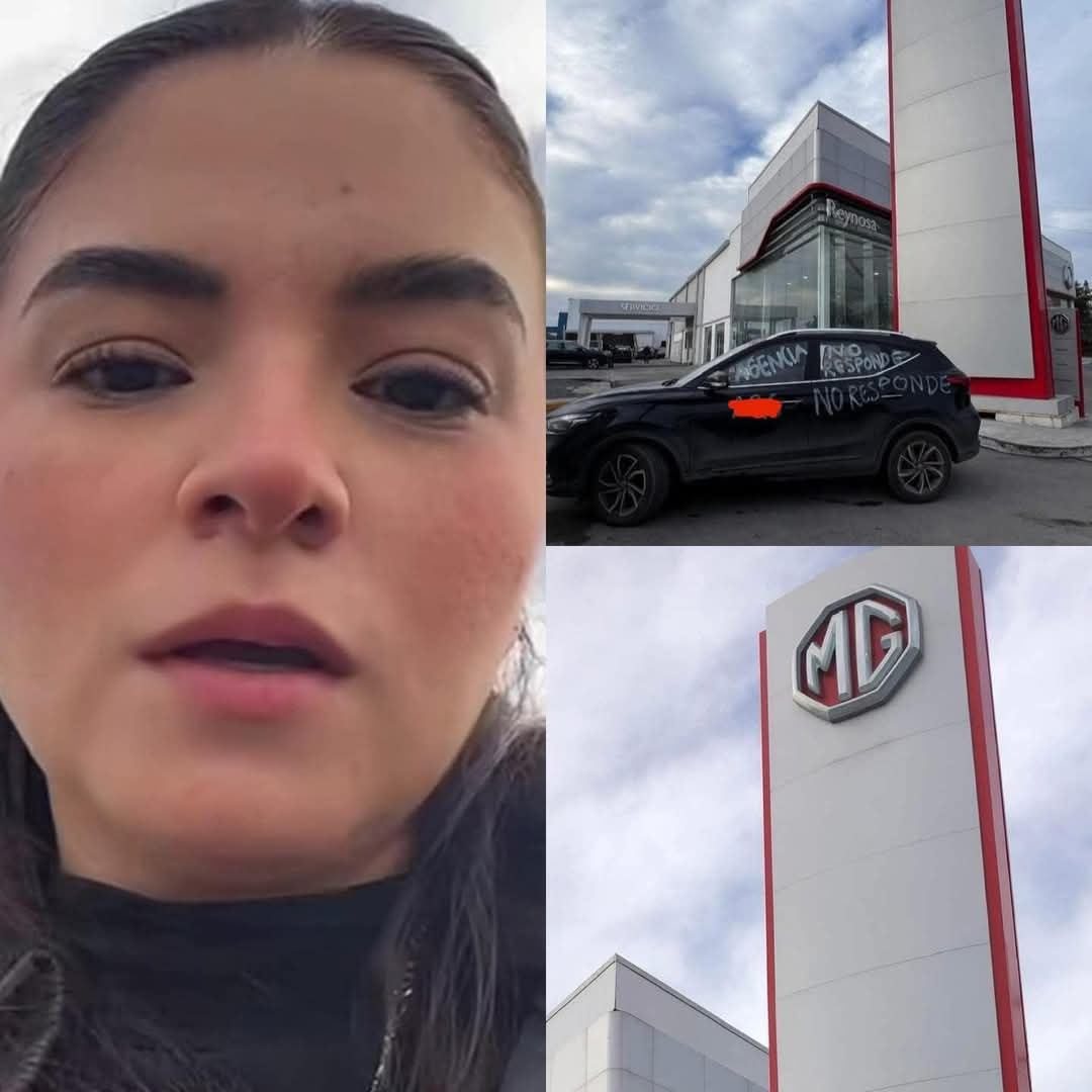 Mujer se manifiesta frente a agencia MG en Reynosa exigiendo solución a problema con su vehículo