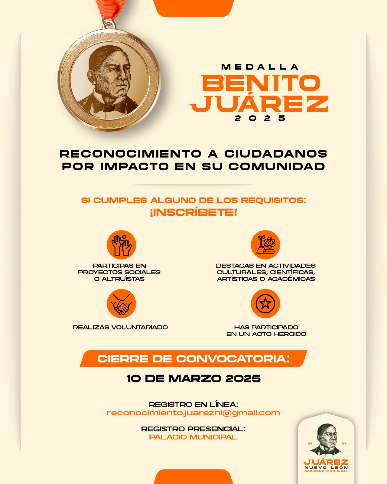 Gobierno de Juárez convoca a participar para la “Medalla Benito Juárez” en su edición 2025