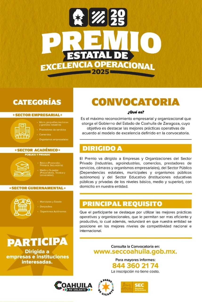 Convocan a Premio Estatal de Excelencia Operacional 2025