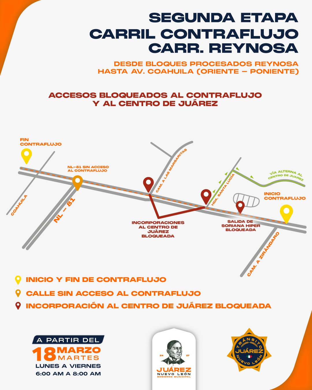 Implementa Gobierno de Juárez segunda etapa de Contraflujo en Carretera Reynosa