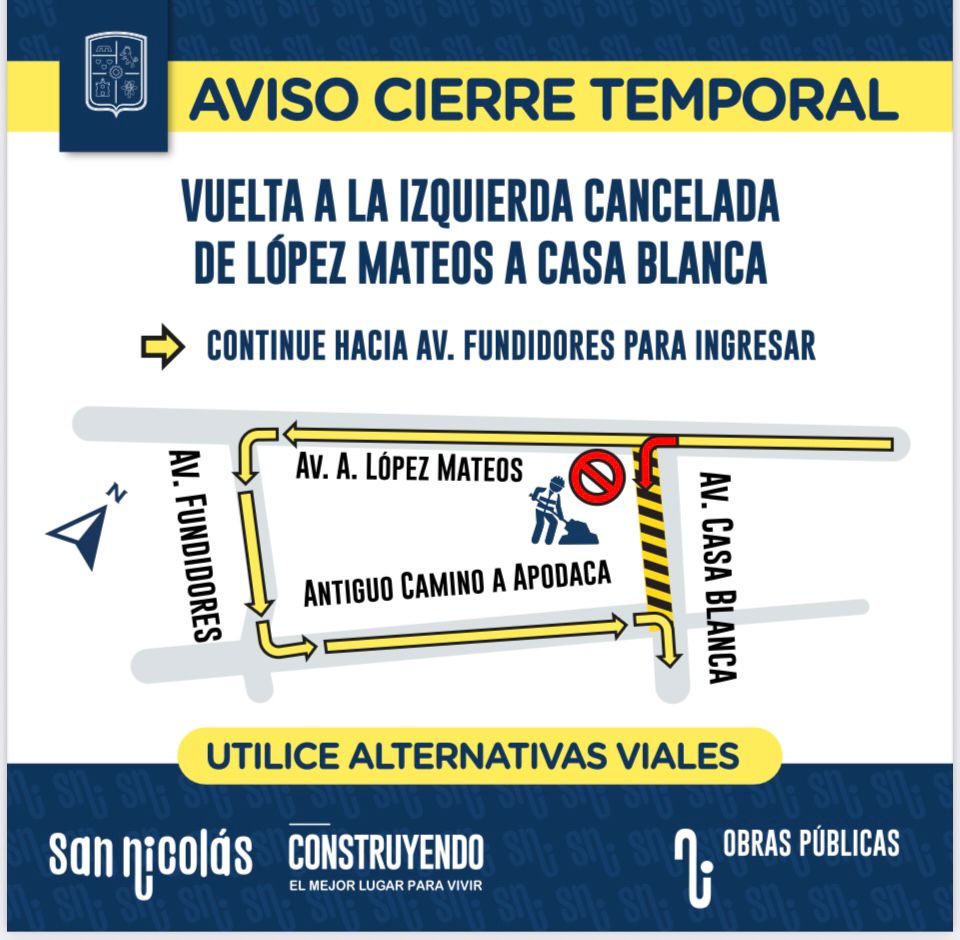 Cerrarán temporalmente vueltas izquierdas en Av. López Mateos y Casa Blanca Cerrarán temporalmente vueltas izquierdas en Av. López Mateos y Casa Blanca