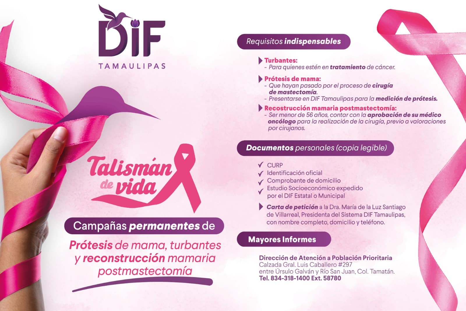 DIF Tamaulipas invita a campañas permanentes de apoyo a mujeres sobrevivientes de cáncer de mama