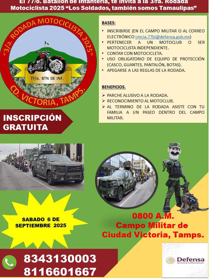 Invita SEDENA a Tercera Rodada Motociclista en Victoria Invita SEDENA a Tercera Rodada Motociclista en Victoria