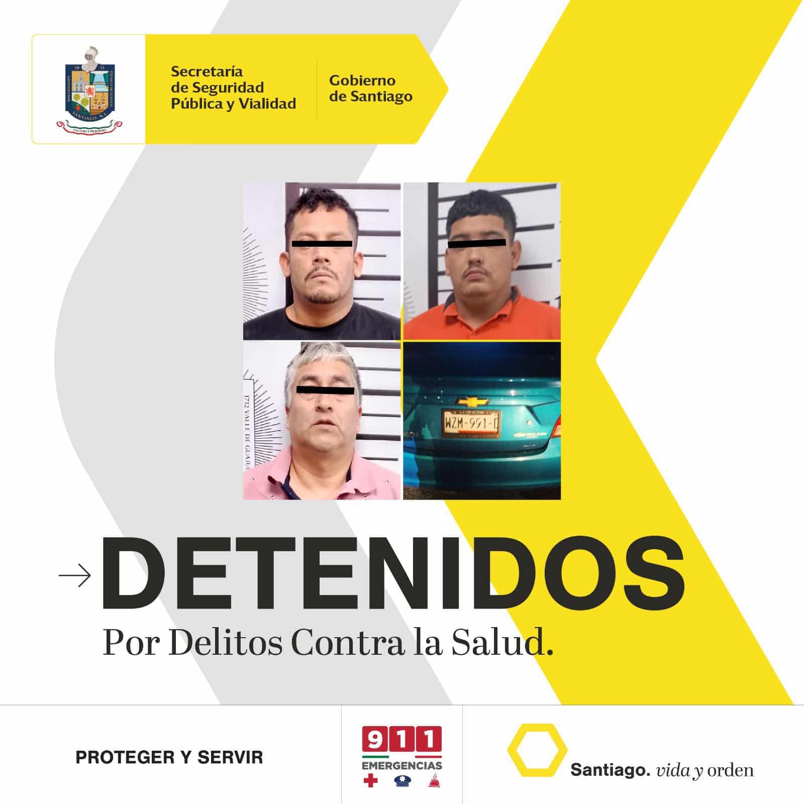 Detiene Policía de Santiago a tres tamaulipecos por delitos contra la salud