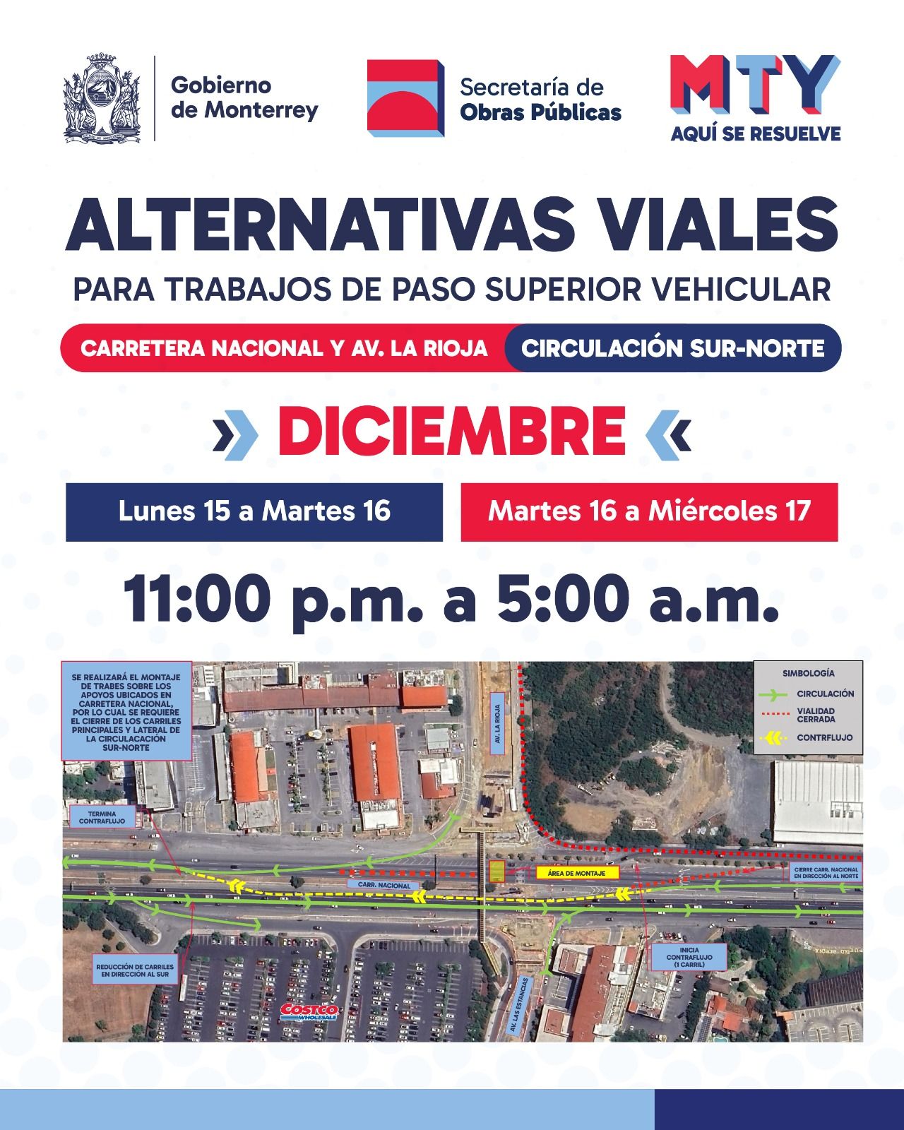 Anuncia Monterrey restricciones viales nocturnas por obras del Circuito Vial Huajuco