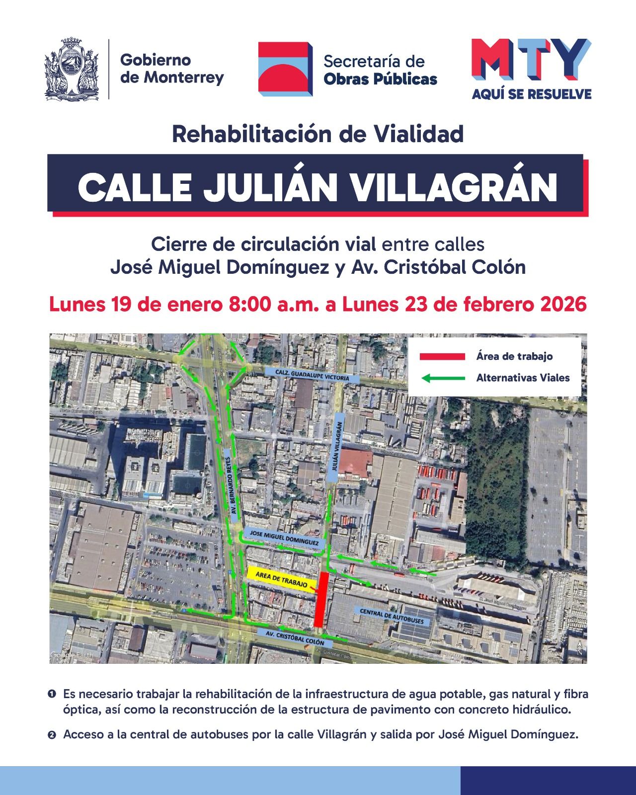 Avanza Monterrey en rehabilitación integral de la calle Villagrán, a un costado de la Central de Autobuses